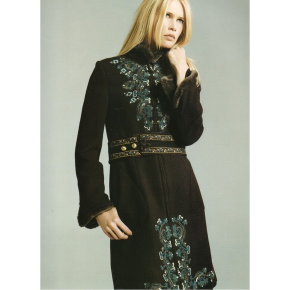 VINTAGE MANGO Y2K 70s Brown & Blue Floral Embroidered Penny Lane Wool Coat XS - Picture 3 of 11